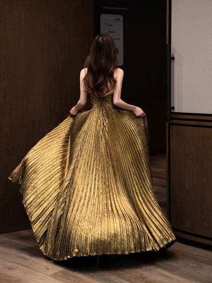 V Neck Gold A Line Prom Dress Pleated Formal Dress  P952