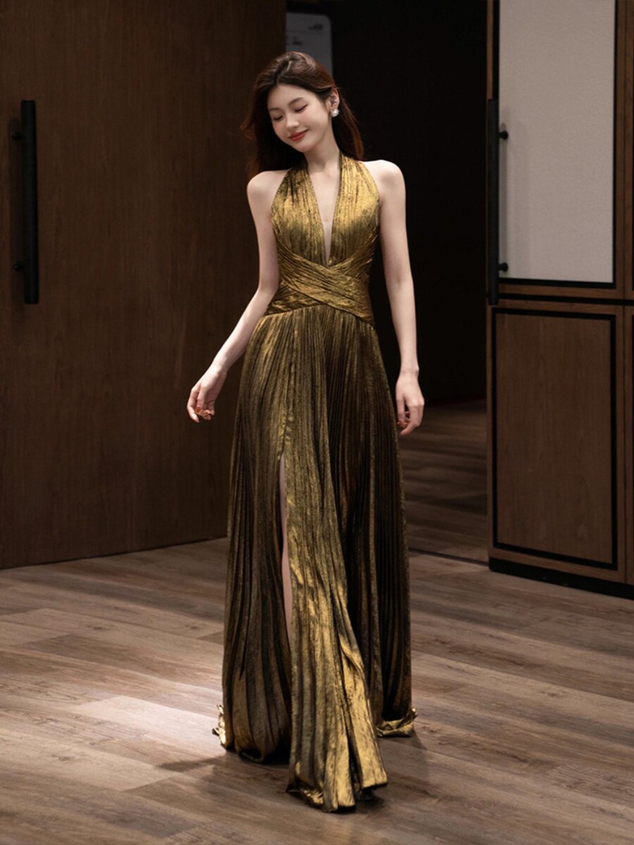 V Neck Gold A Line Prom Dress Pleated Formal Dress  P952