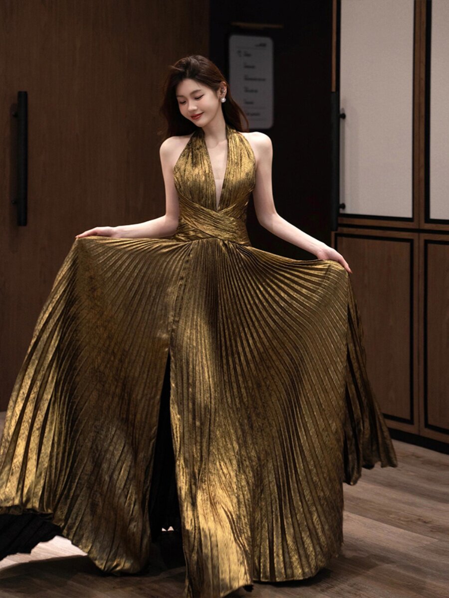 V Neck Gold A Line Prom Dress Pleated Formal Dress  P952