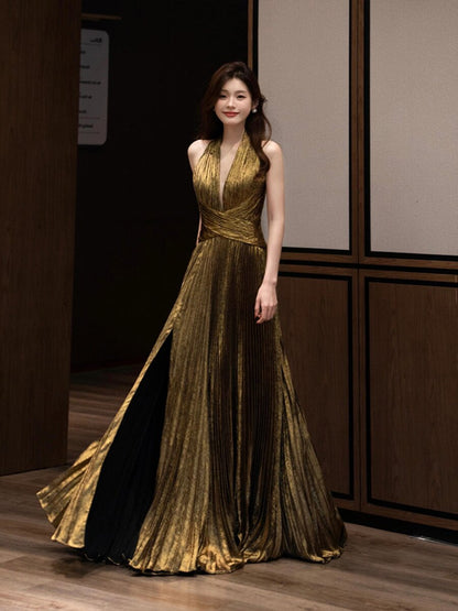 V Neck Gold A Line Prom Dress Pleated Formal Dress  P952