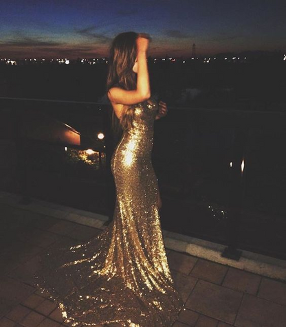 V Neck Gold Sequin Evening Dresses Backless Prom Dresses  P916