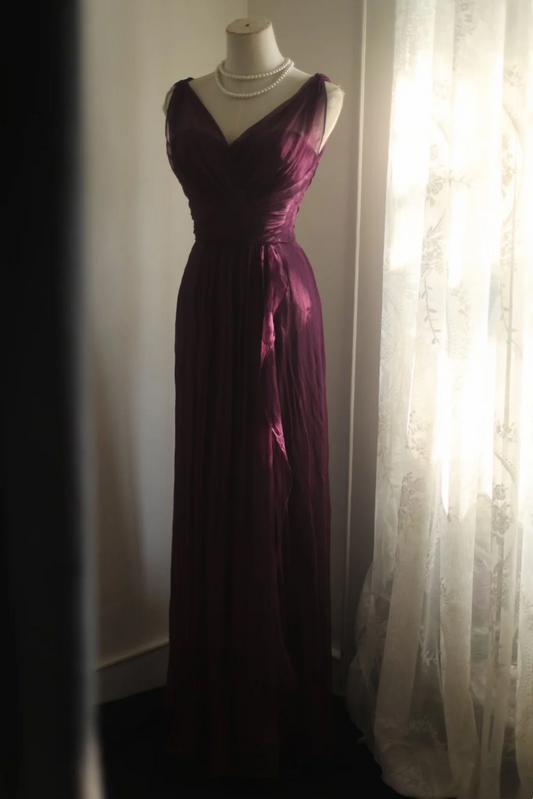 V Neck Grape Chiffon Evening Dress Wedding Guest Dress  P1101