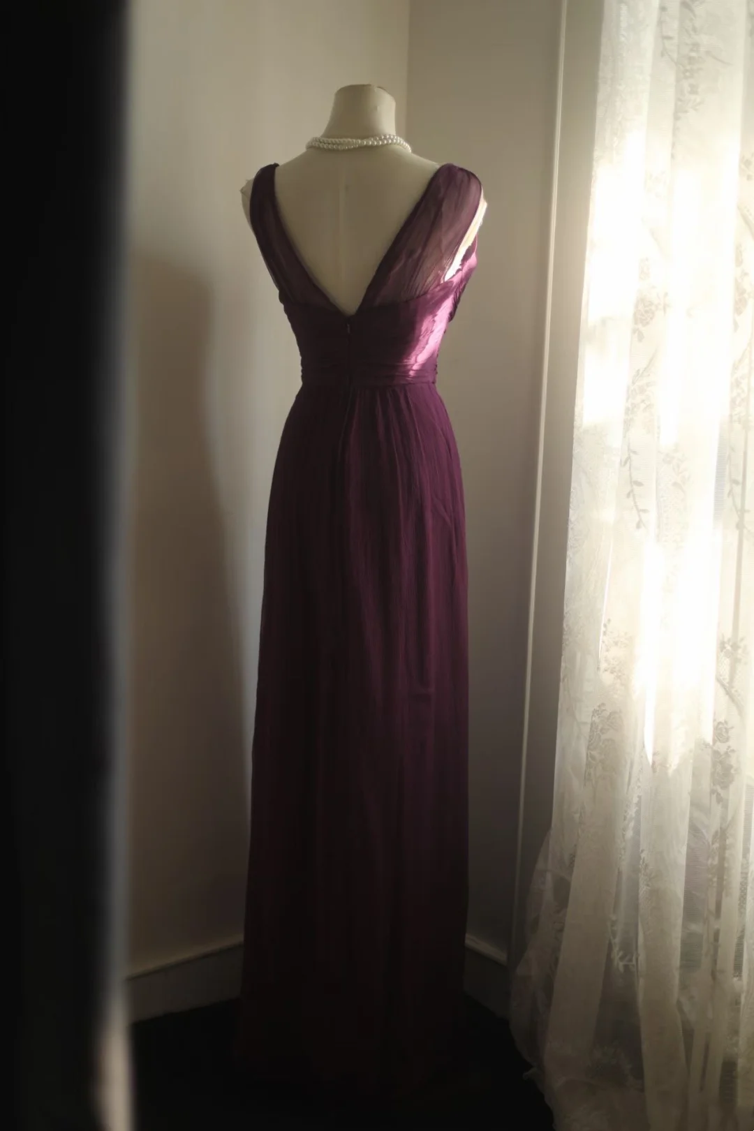 V Neck Grape Chiffon Evening Dress Wedding Guest Dress  P1101