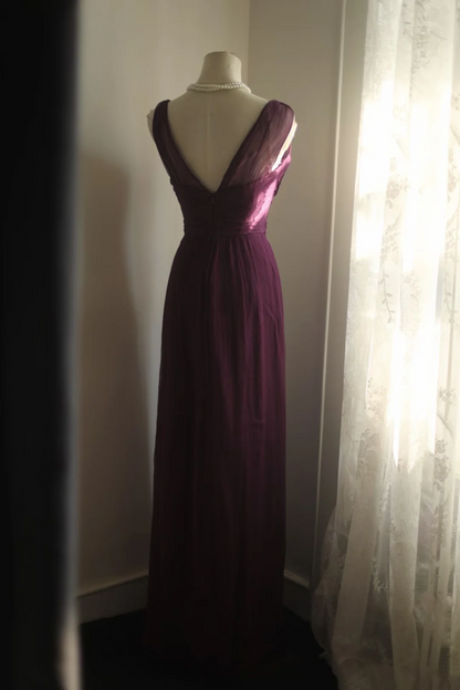 V Neck Grape Chiffon Evening Dress Wedding Guest Dress  P1101
