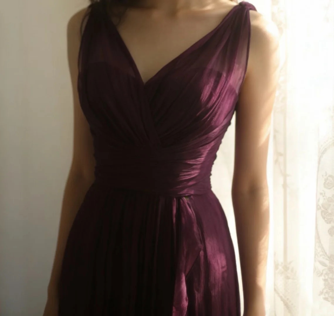 V Neck Grape Chiffon Evening Dress Wedding Guest Dress  P1101