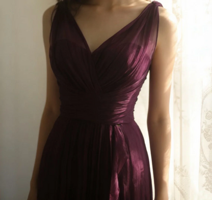 V Neck Grape Chiffon Evening Dress Wedding Guest Dress  P1101
