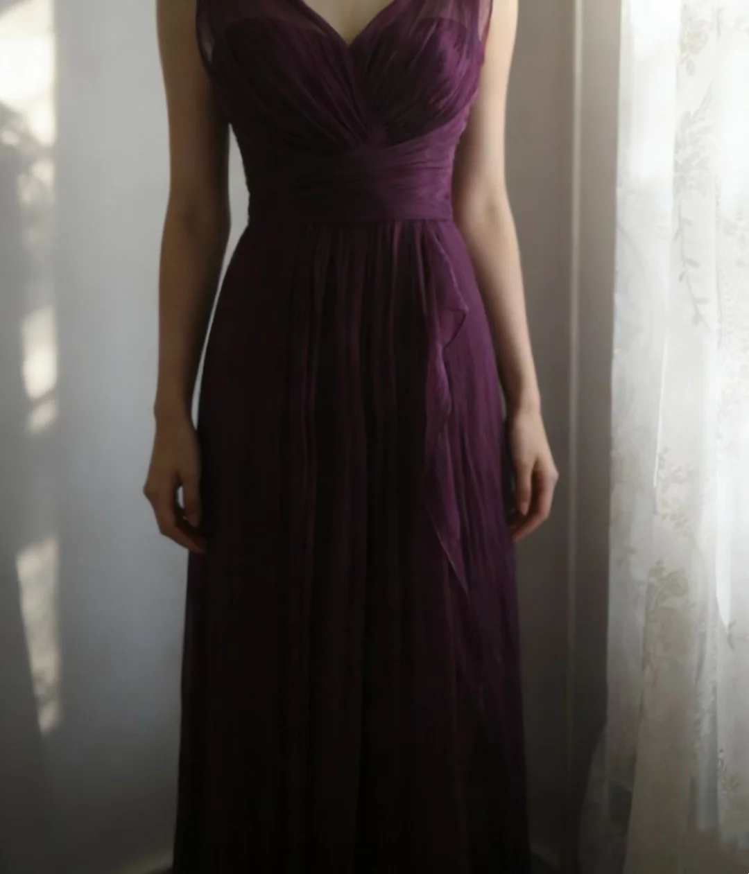 V Neck Grape Chiffon Evening Dress Wedding Guest Dress  P1101