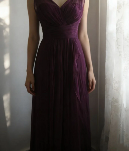 V Neck Grape Chiffon Evening Dress Wedding Guest Dress  P1101