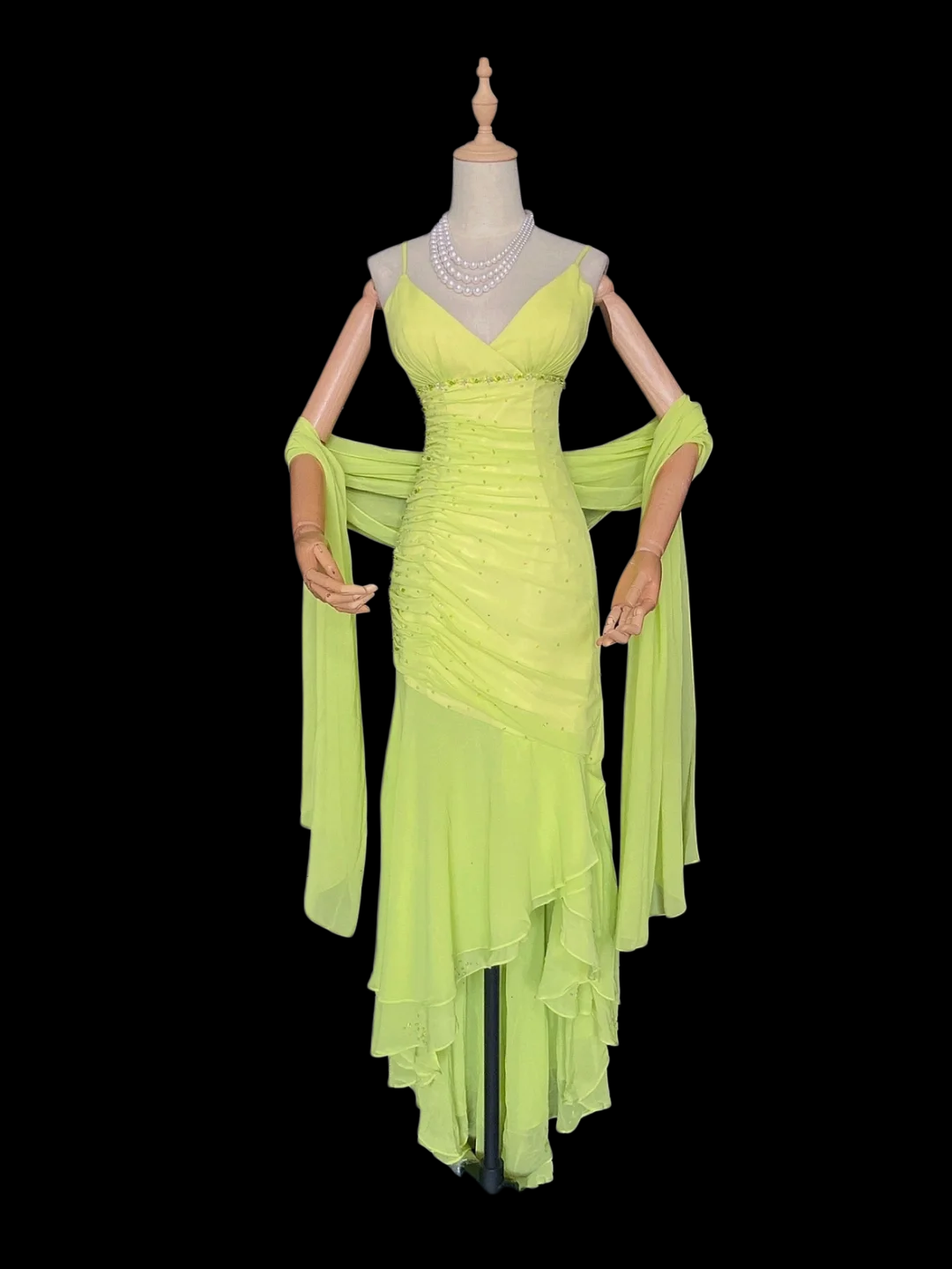 V Neck Green Chiffon Prom Dress A Line Ruffle Party Dress  P918