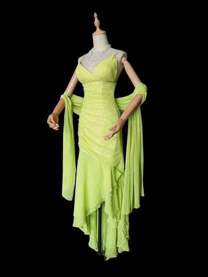 V Neck Green Chiffon Prom Dress A Line Ruffle Party Dress  P918
