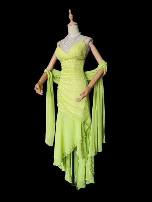 V Neck Green Chiffon Prom Dress A Line Ruffle Party Dress  P918