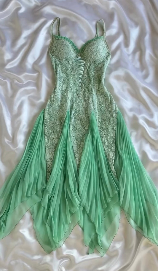 V Neck Green Lace Chiffon Prom Dress Ruffled Formal Party Dress  P897