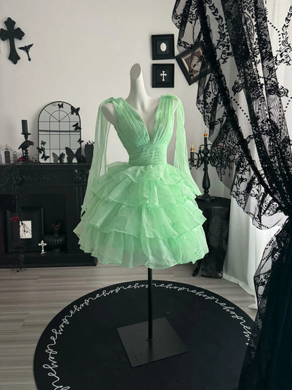 V Neck Green Layered Homecoming Dress Short Party Dress   P1961
