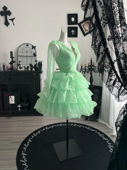V Neck Green Layered Homecoming Dress Short Party Dress   P1961