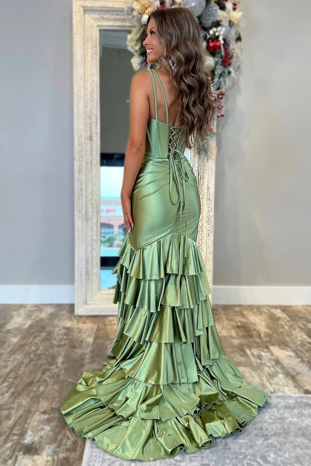 V Neck Green Satin Mermaid Prom Dress Layered Formal Evening Dress  P965