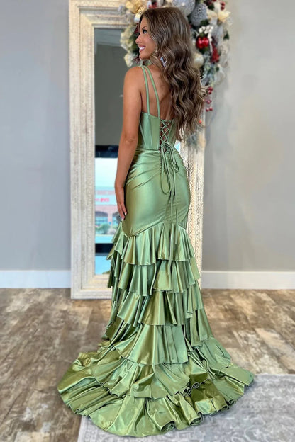 V Neck Green Satin Mermaid Prom Dress Layered Formal Evening Dress  P965
