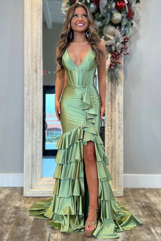 V Neck Green Satin Mermaid Prom Dress Layered Formal Evening Dress  P965