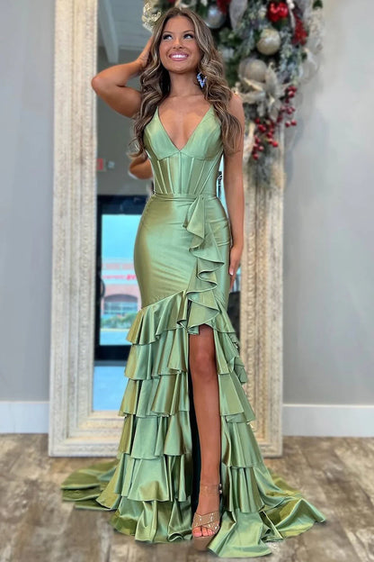 V Neck Green Satin Mermaid Prom Dress Layered Formal Evening Dress  P965