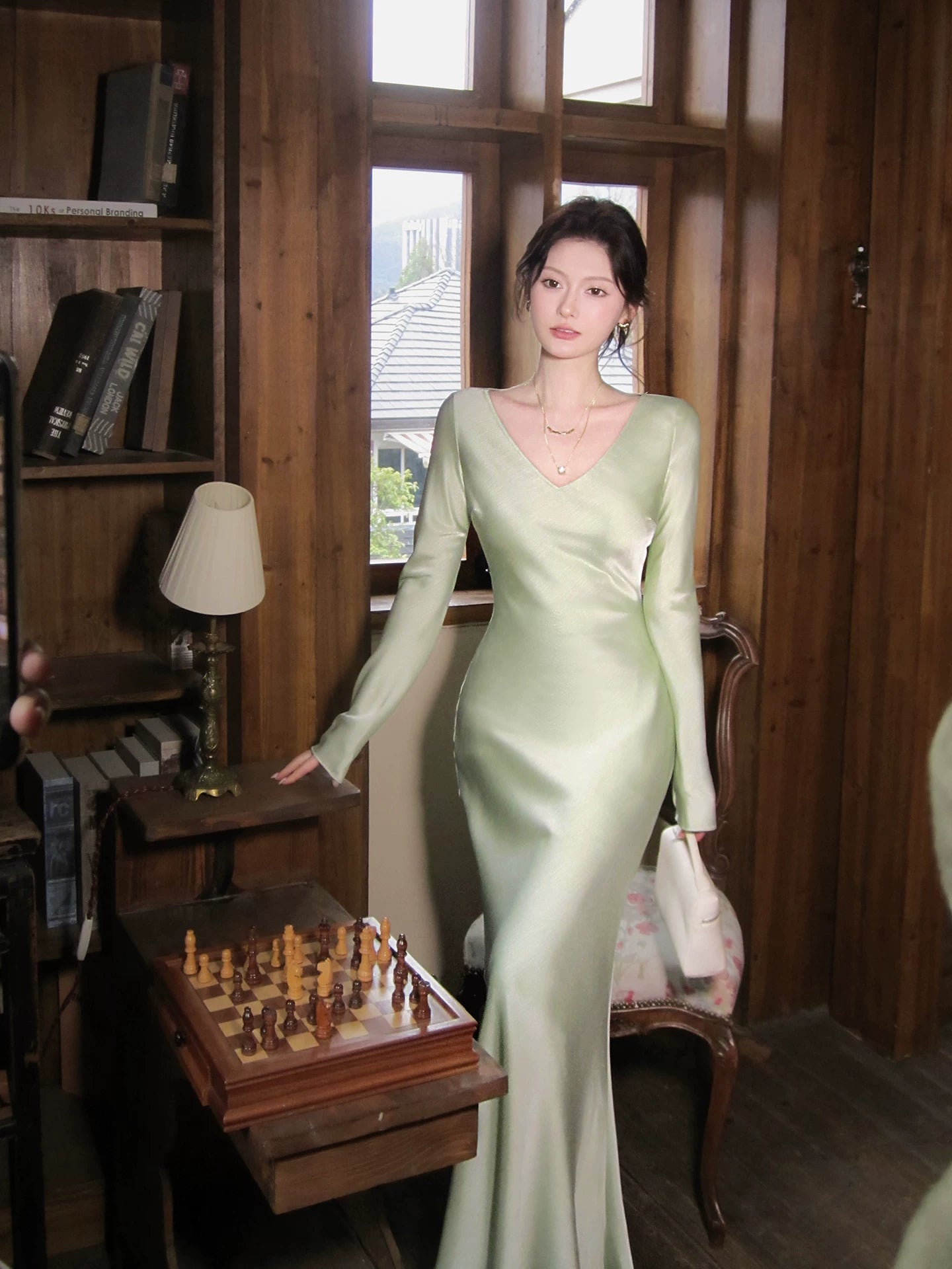 V Neck Green Satin Modest  Formal Dress with Long Sleeves  P1553