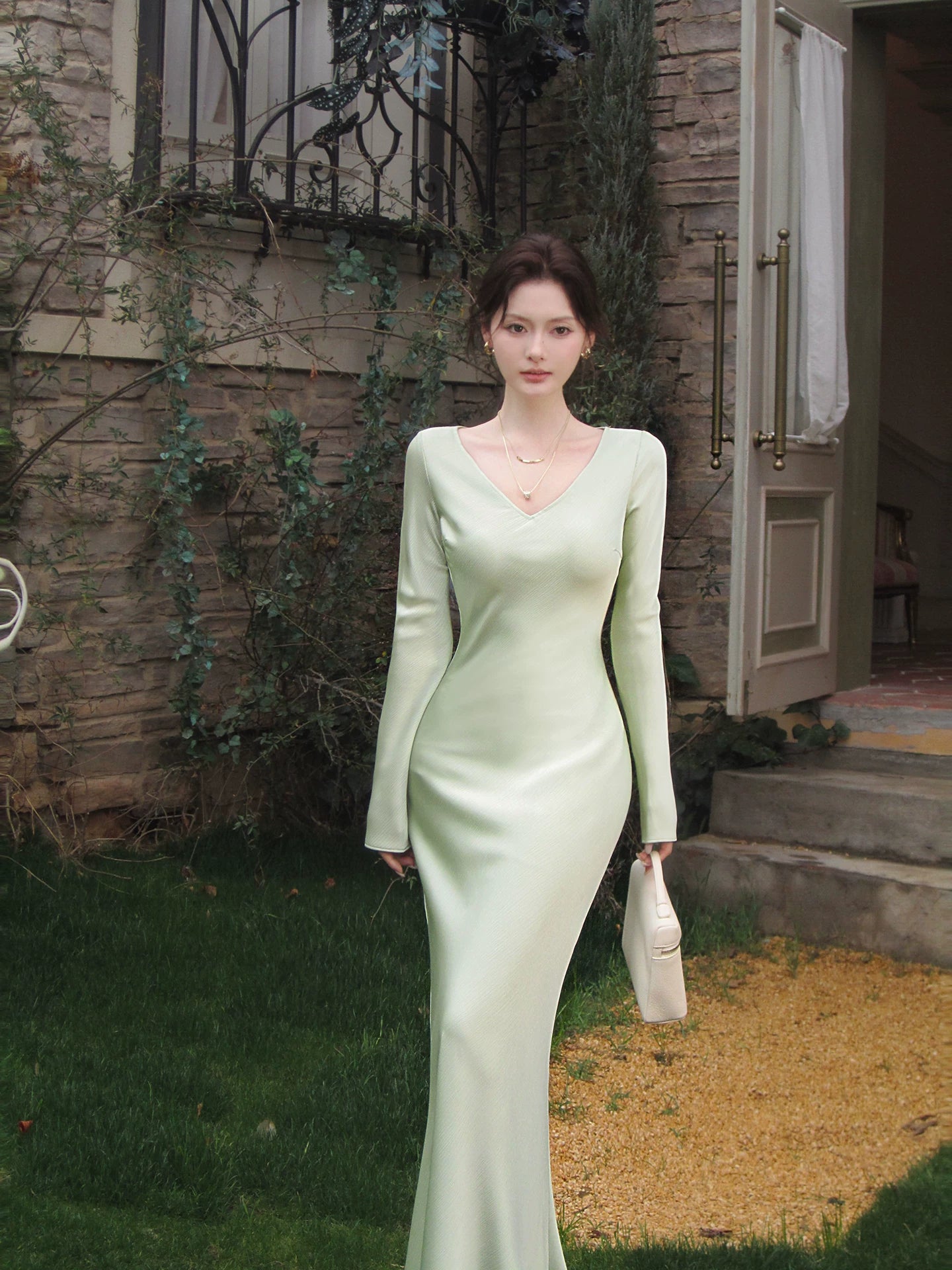 V Neck Green Satin Modest  Formal Dress with Long Sleeves  P1553