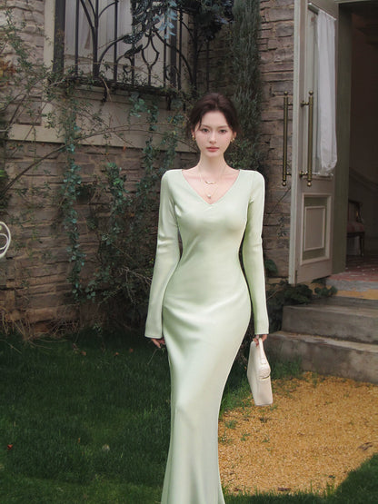 V Neck Green Satin Modest  Formal Dress with Long Sleeves  P1553
