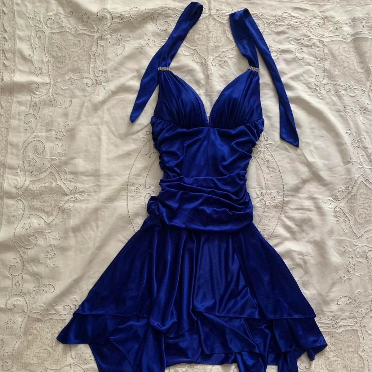 V Neck Halter Royal Blue Satin Homecoming Dress  P2366