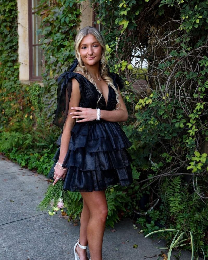 V Neck Layered Black Homecoming Dress Ruffled Party Dress  P2345