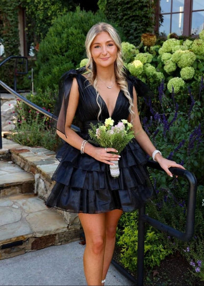 V Neck Layered Black Homecoming Dress Ruffled Party Dress  P2345