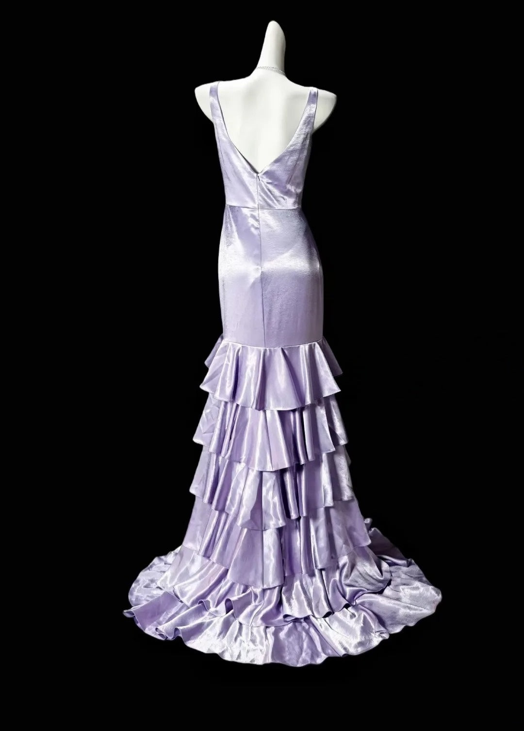 V Neck Lilac Satin Formal Prom Dress Layered Evening Dress  P1826