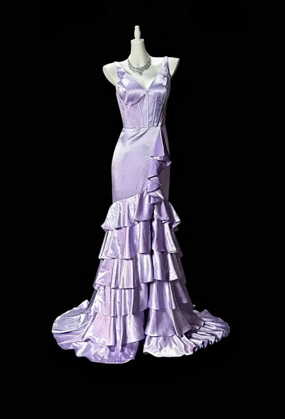 V Neck Lilac Satin Formal Prom Dress Layered Evening Dress  P1826