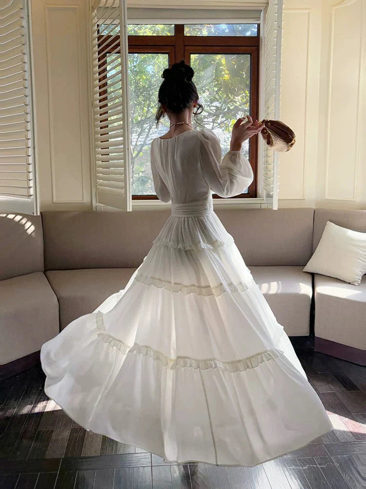 V Neck Long-Sleeve Tiered Ivory Chiffon Long Wedding  Guest Dress  P733