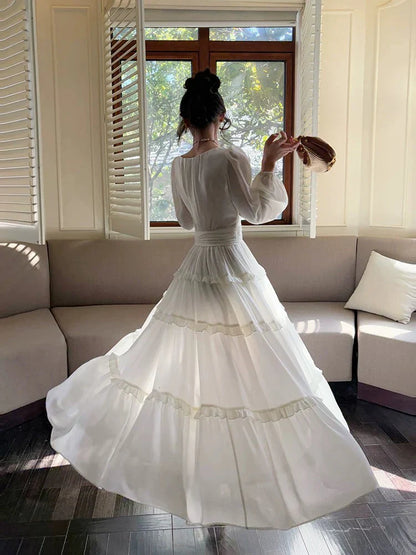 V Neck Long-Sleeve Tiered Ivory Chiffon Long Wedding  Guest Dress  P733