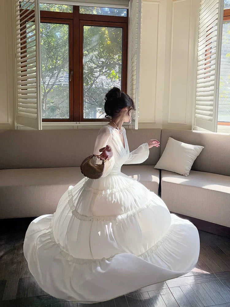 V Neck Long-Sleeve Tiered Ivory Chiffon Long Wedding  Guest Dress  P733