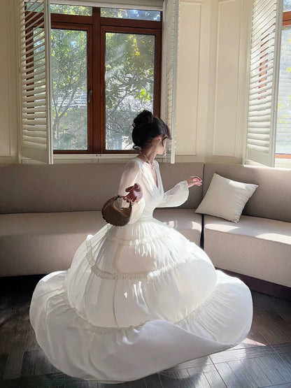 V Neck Long-Sleeve Tiered Ivory Chiffon Long Wedding  Guest Dress  P733