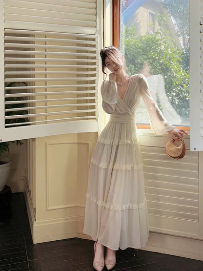 V Neck Long-Sleeve Tiered Ivory Chiffon Long Wedding  Guest Dress  P733