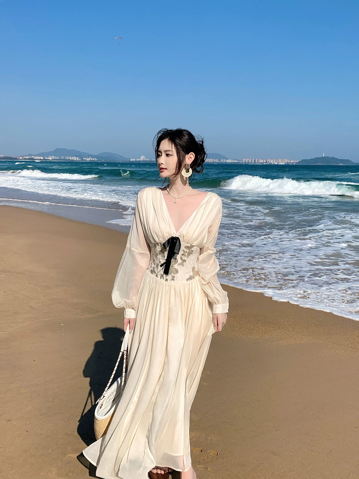 V Neck Long Sleeved Dress with Bow Retro Long Dress  L140