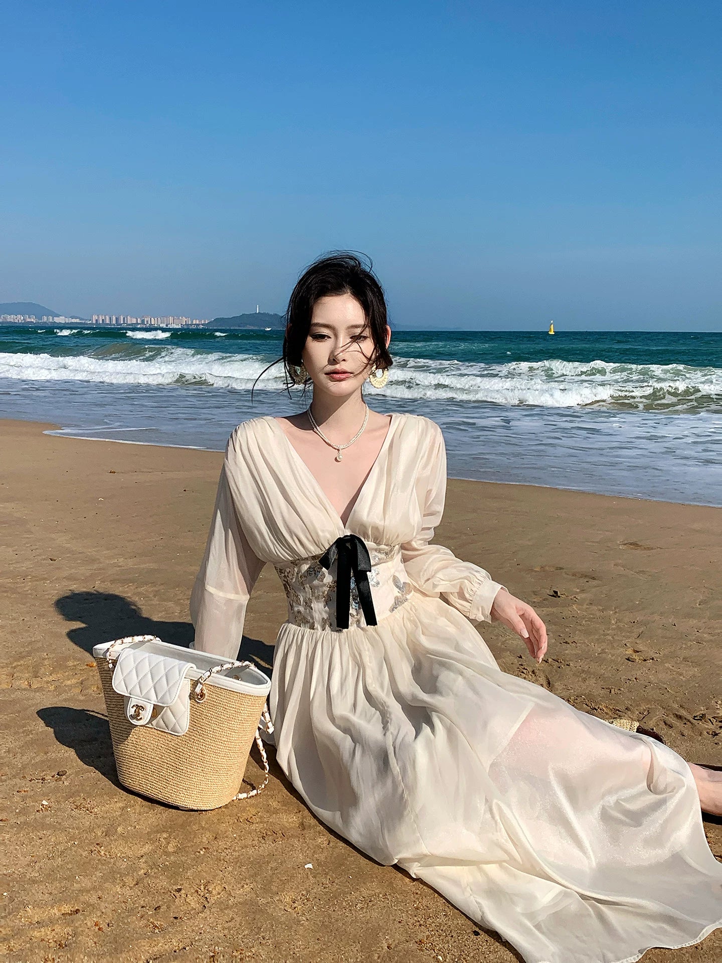 V Neck Long Sleeved Dress with Bow Retro Long Dress  L140