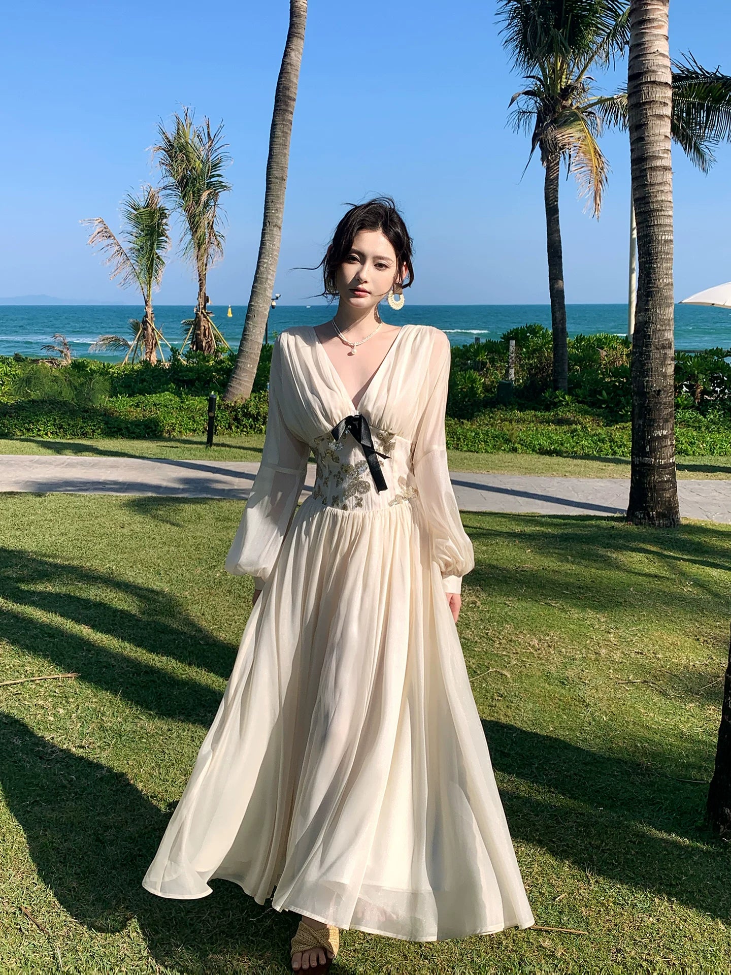 V Neck Long Sleeved Dress with Bow Retro Long Dress  L140