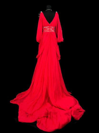 V Neck Long Sleeves Evening Dress Modest Red Formal Dress  P1200