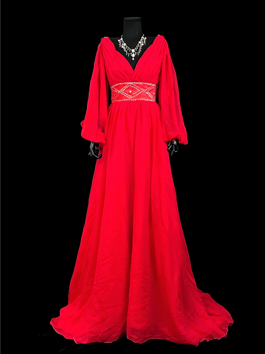 V Neck Long Sleeves Evening Dress Modest Red Formal Dress  P1200
