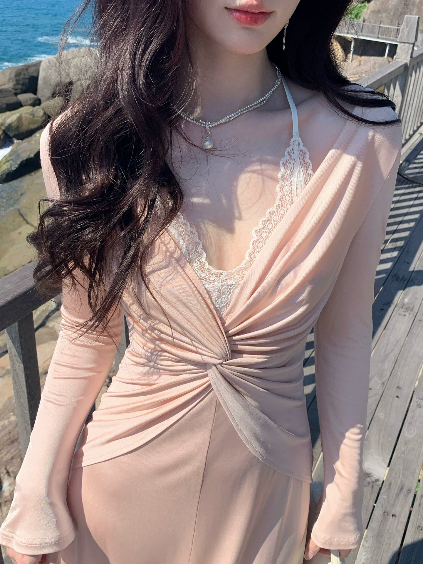 V Neck Long Sleeves Lace Evening Dress  L149
