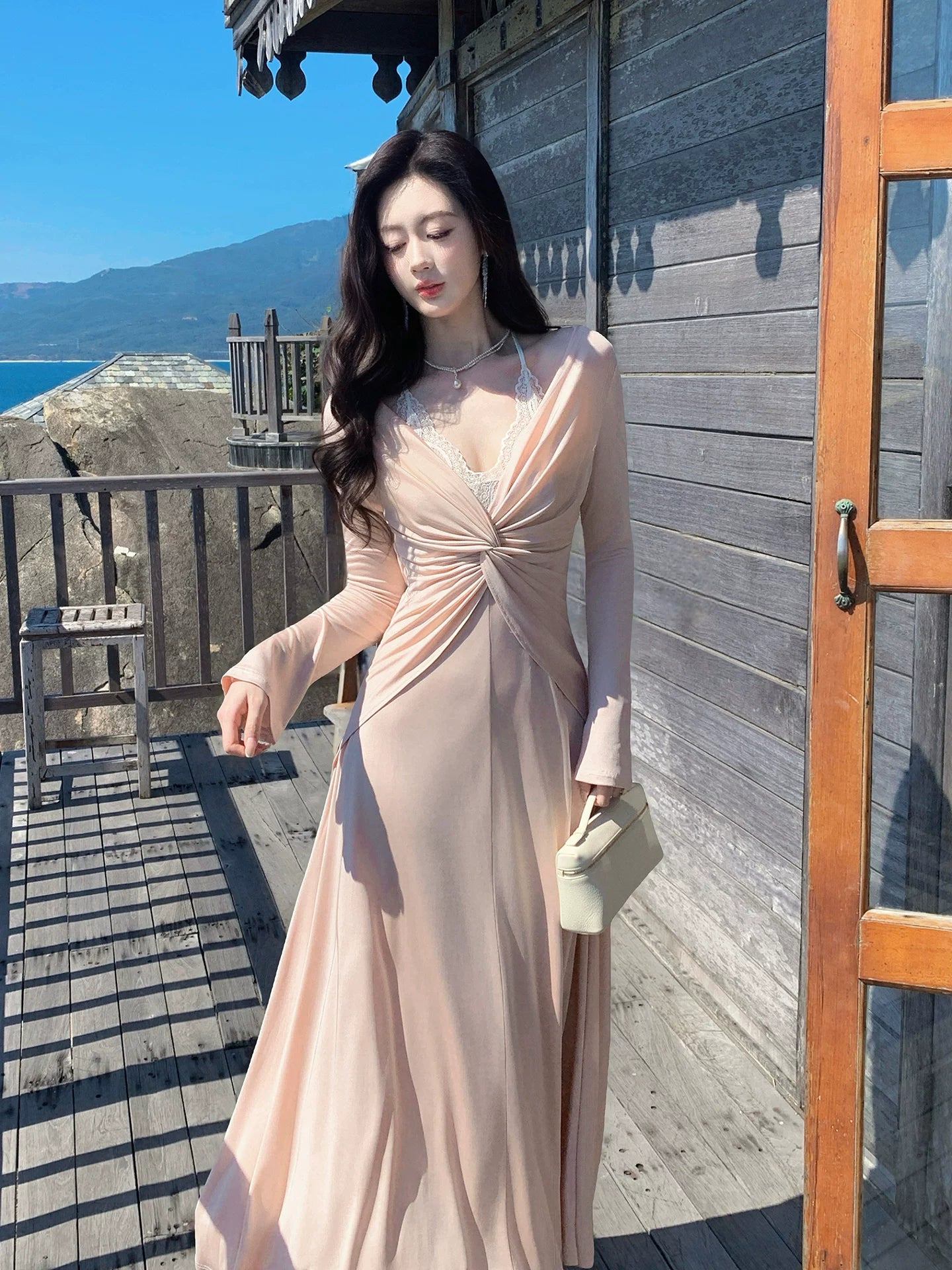 V Neck Long Sleeves Lace Evening Dress  L149