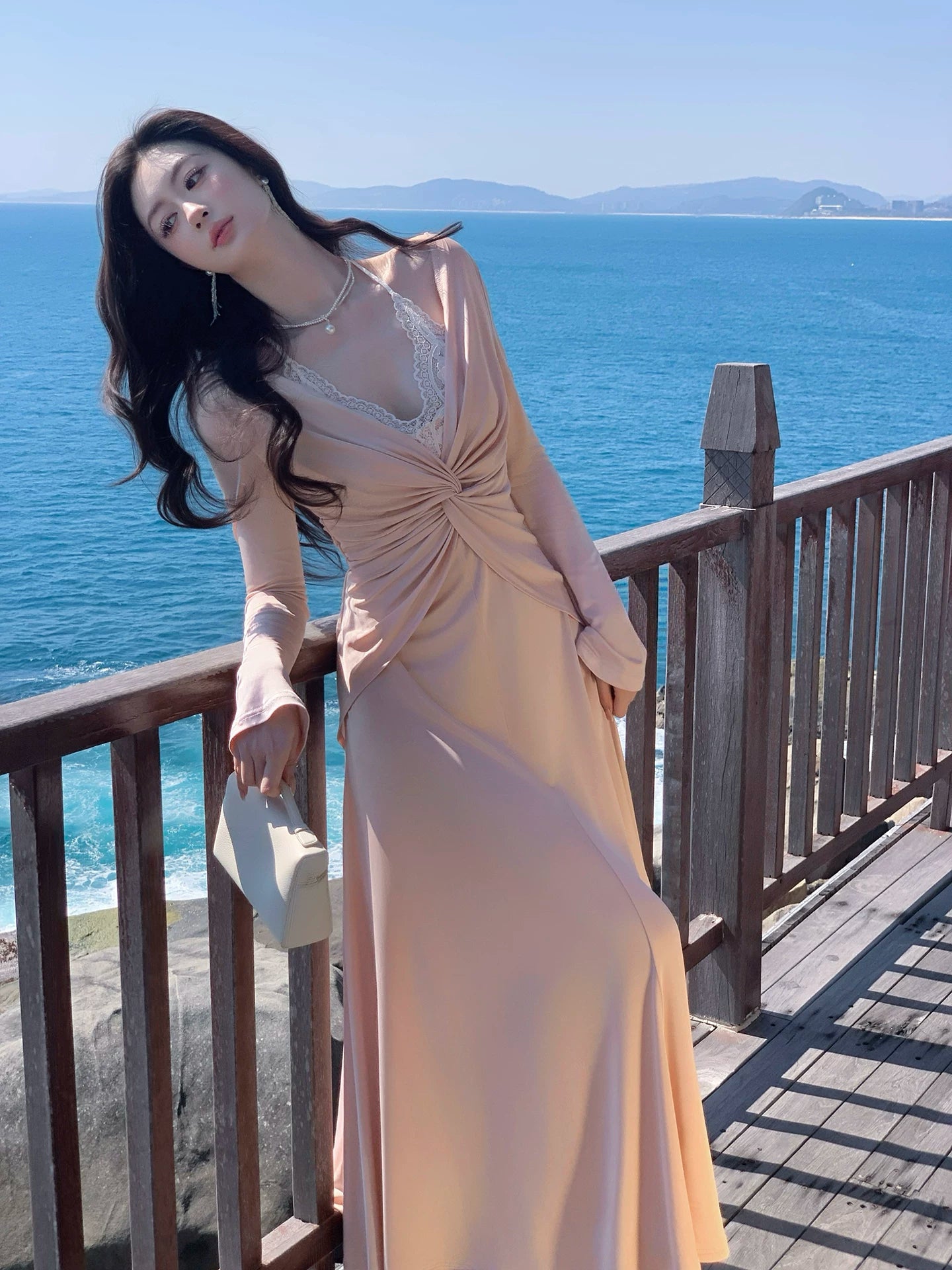 V Neck Long Sleeves Lace Evening Dress  L149