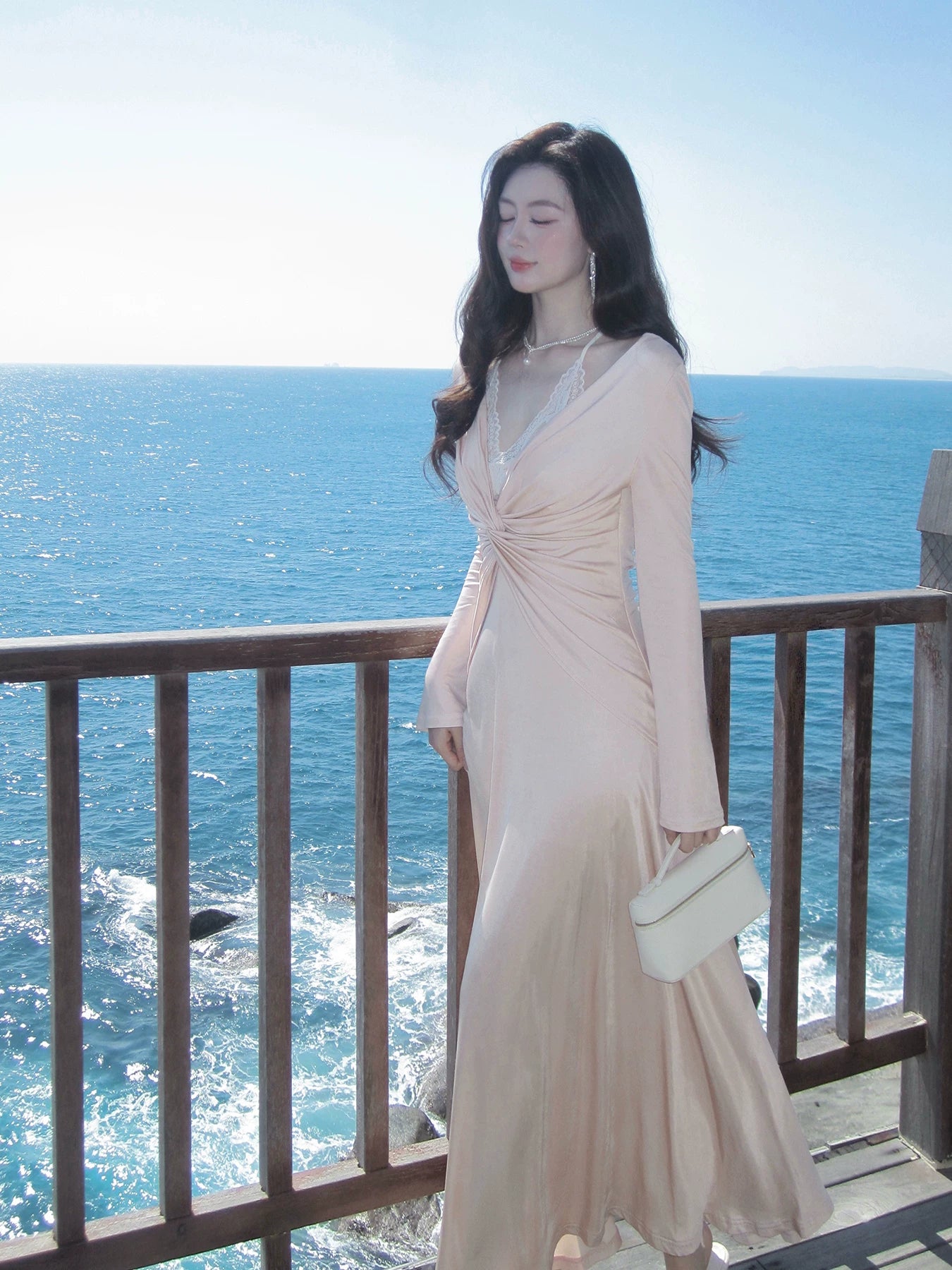 V Neck Long Sleeves Lace Evening Dress  L149