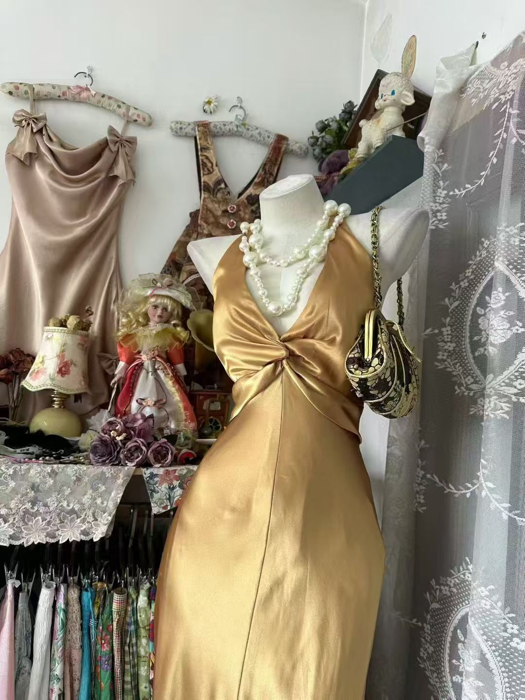 V Neck Mermaid Gold Champagne Prom Dress Open Back Evening Gown   P2071