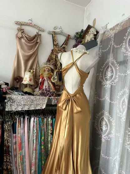 V Neck Mermaid Gold Champagne Prom Dress Open Back Evening Gown   P2071