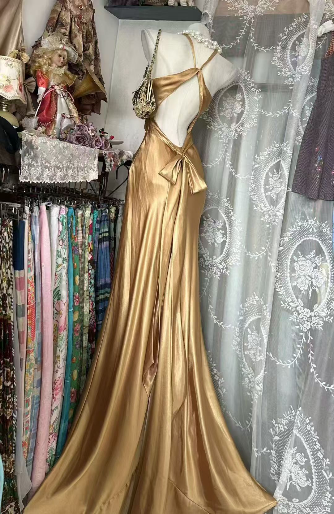 V Neck Mermaid Gold Champagne Prom Dress Open Back Evening Gown   P2071