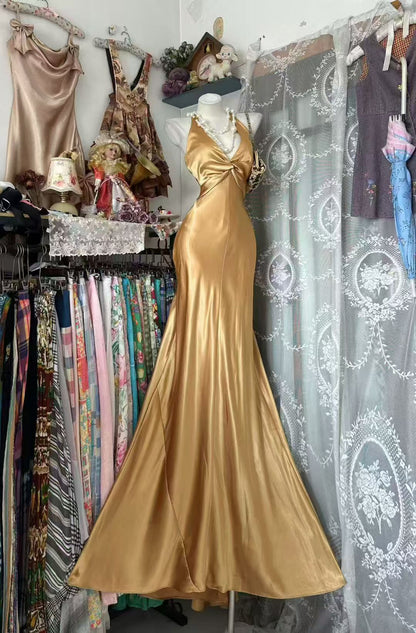 V Neck Mermaid Gold Champagne Prom Dress Open Back Evening Gown   P2071