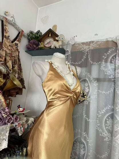 V Neck Mermaid Gold Champagne Prom Dress Open Back Evening Gown   P2071