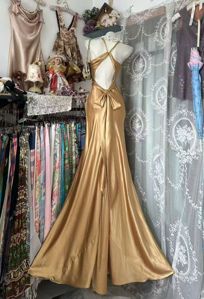 V Neck Mermaid Gold Champagne Prom Dress Open Back Evening Gown   P2071